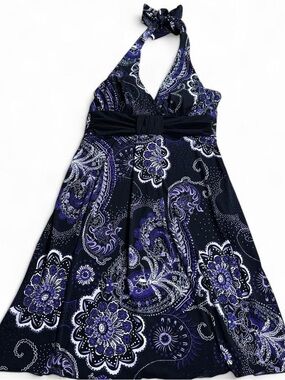 SPANX Navy and Purple Paisley Halter Mini Dress with Empire Waist